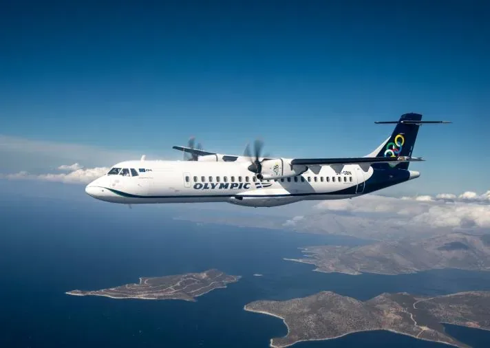Turboprop aircraft on the short flight from Athens to Kythira, above the sea