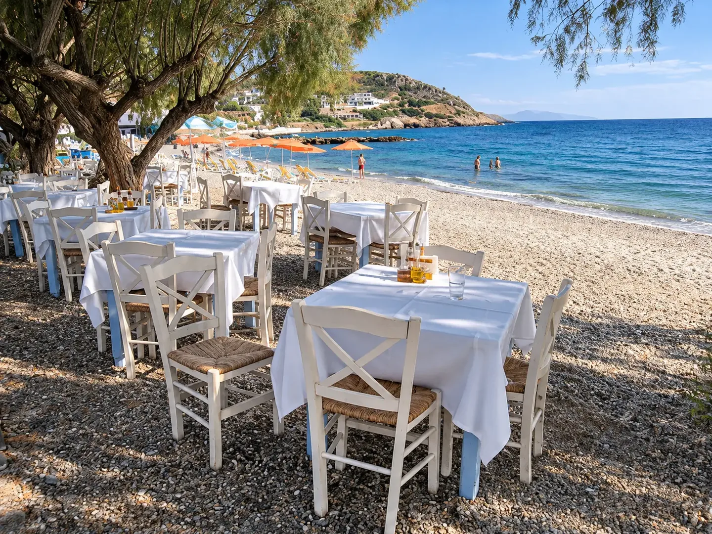 Seaside taverna table with the sea behind it